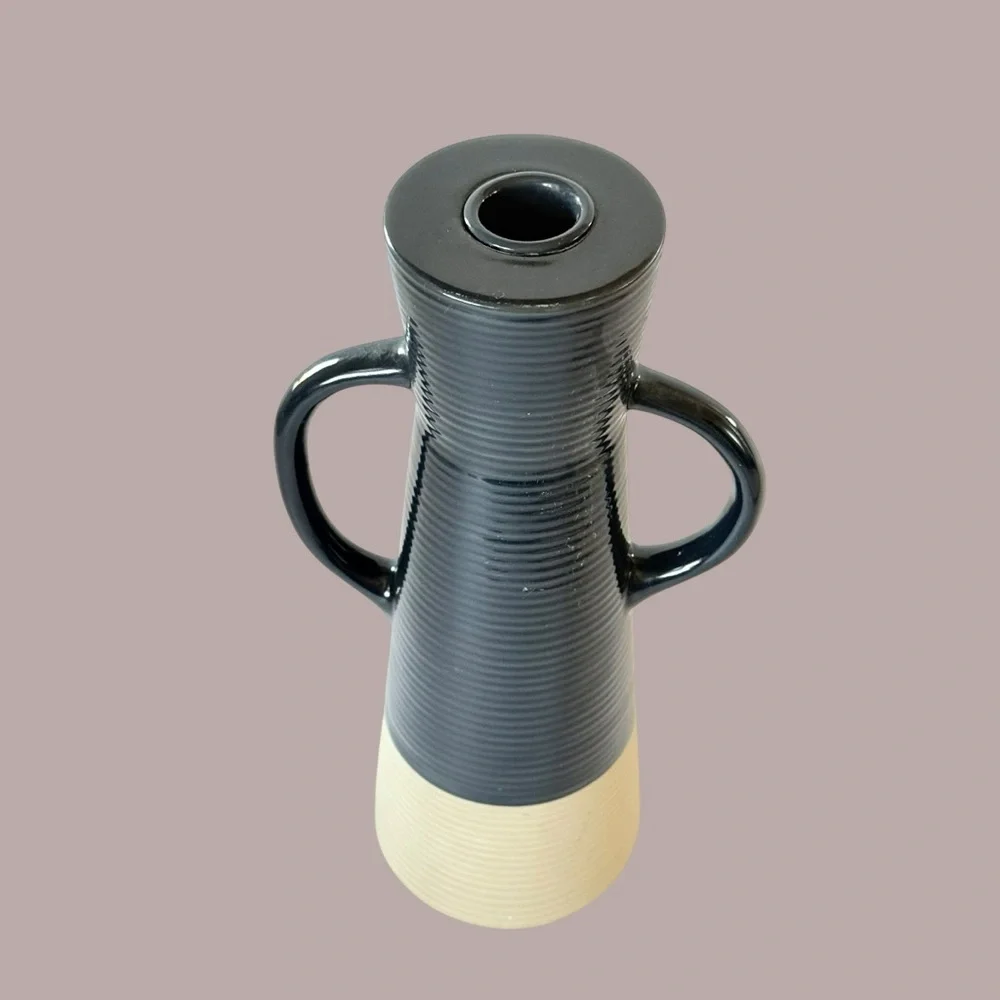 Crate & Barrel Sibely Navy & Beige Ceramic Candlestick Holder 9 5/8”